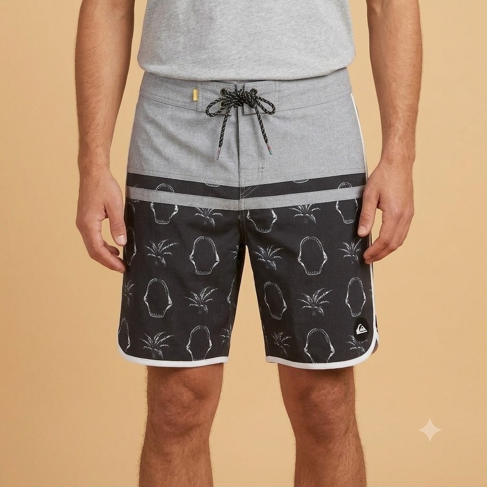 Quiksilver Board Shorts Mens 36 Grey Shark Jaw Palm Print Swim Trunks Surf